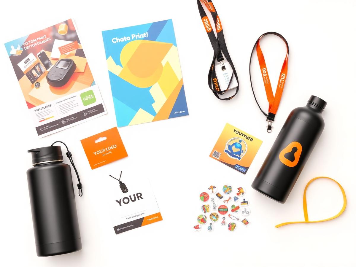 Custom printed flyers, cards, lanyards, badges, stickers and bottles