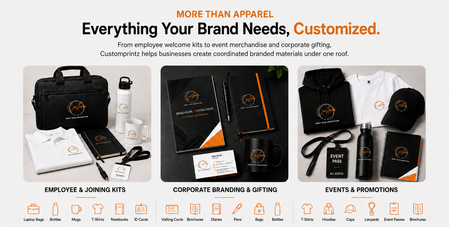 Customprintz merchandise range — employee and joining kits (laptop bags, bottles, mugs, T-shirts, notebooks, ID cards), corporate branding and gifting (visiting cards, brochures, diaries, pens, bags, bottles), and events and promotions (T-shirts, hoodies, caps, lanyards, event passes, brochures)