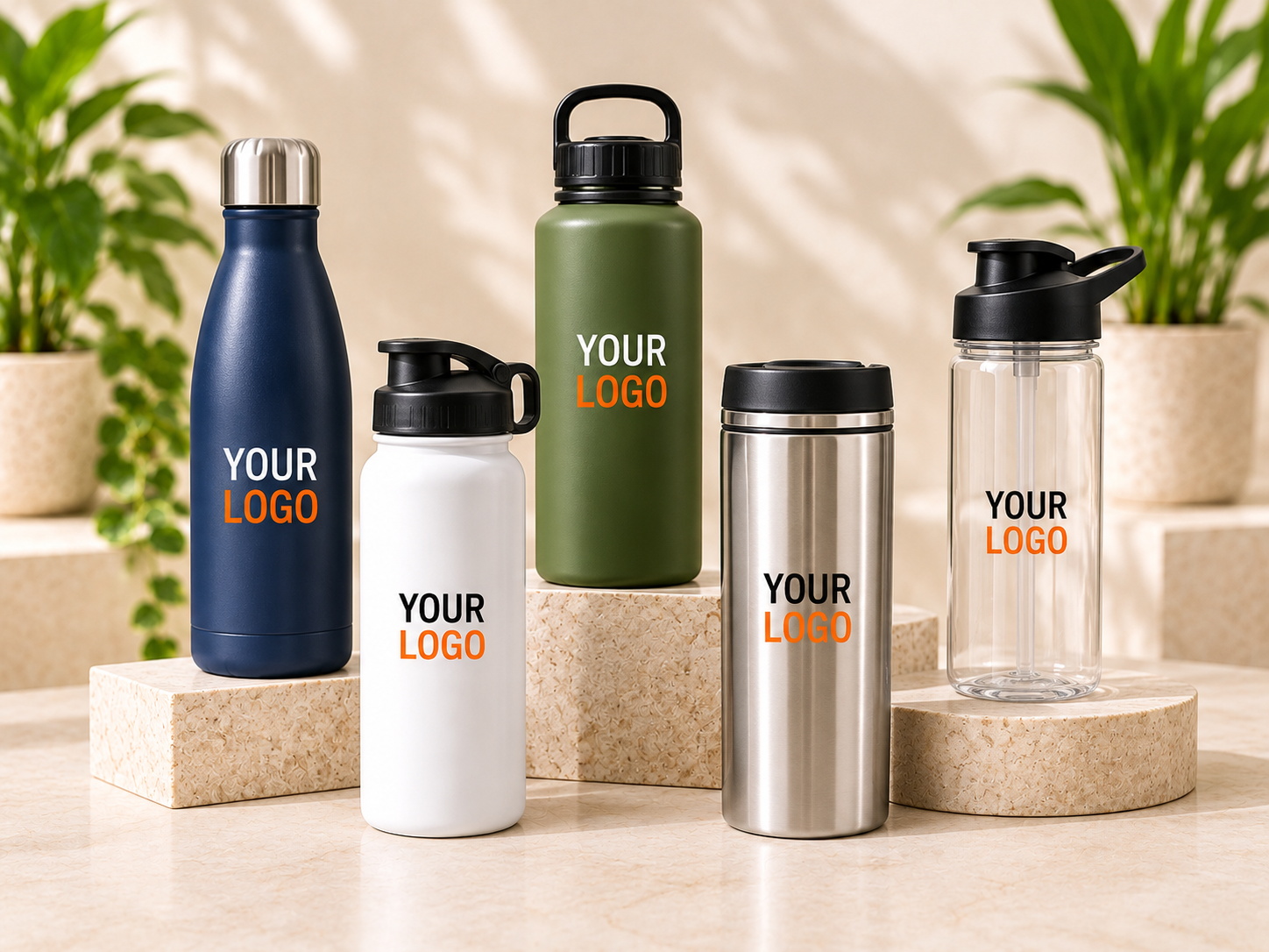 Assorted custom-branded bottles in navy, white, green, stainless steel and clear with a sample Your Logo print