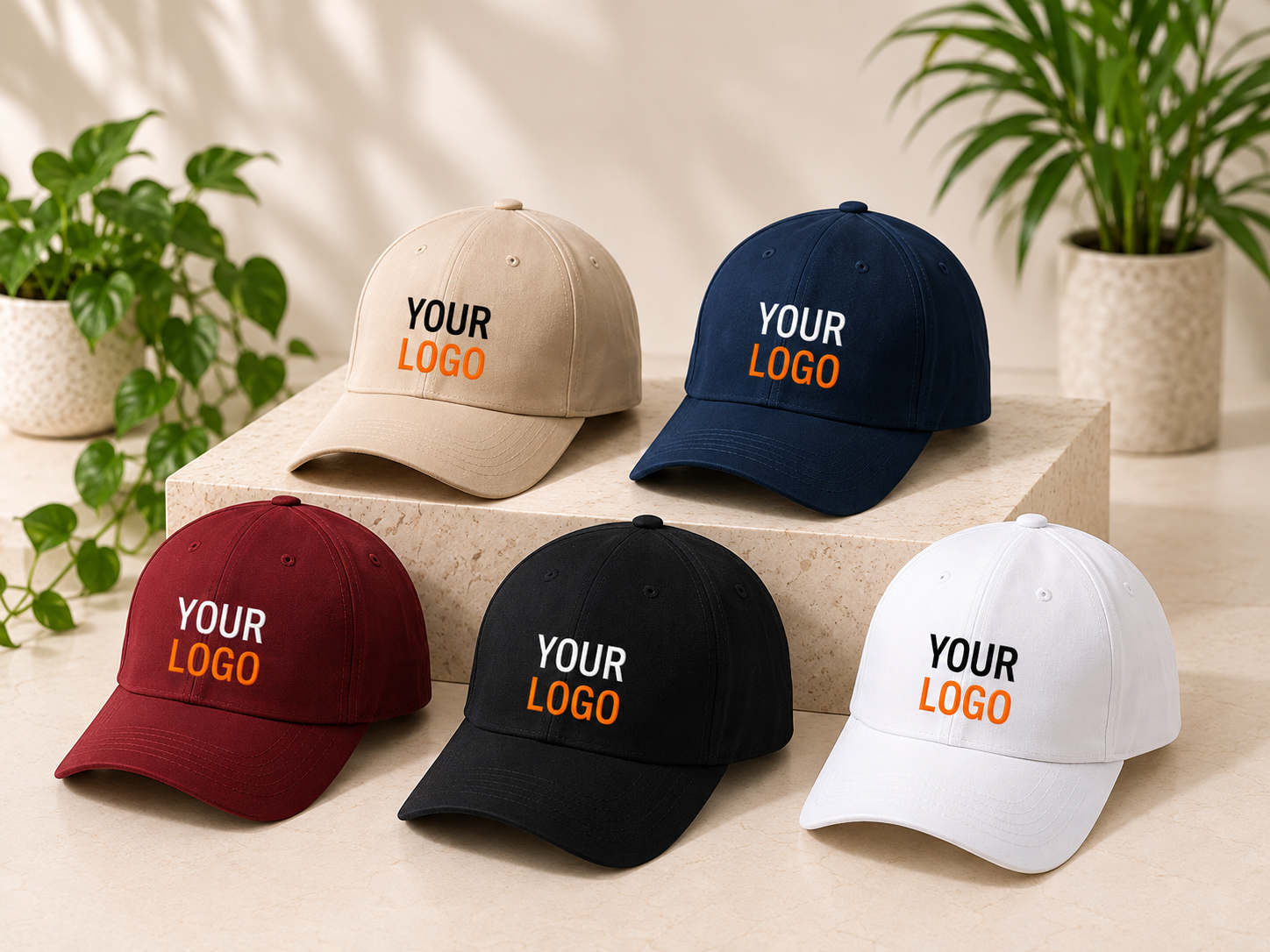 Baseball caps in beige, navy, maroon, black and white with a sample Your Logo branding