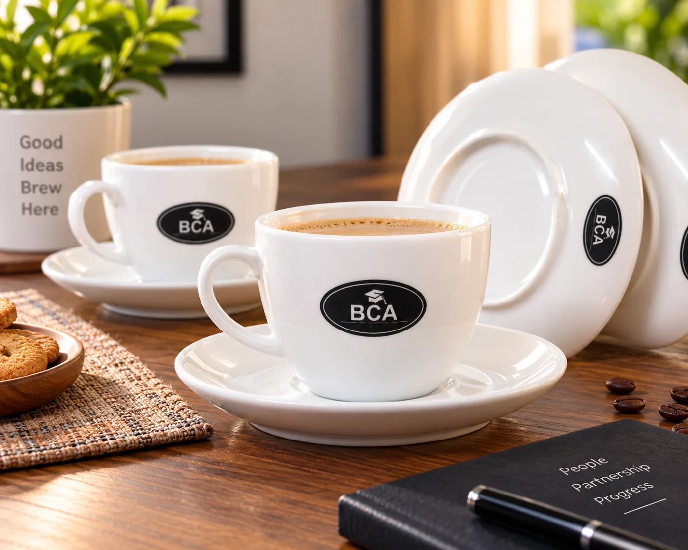 BCA branded white ceramic tea cups and saucers with the black oval BCA logo, set on a wooden table