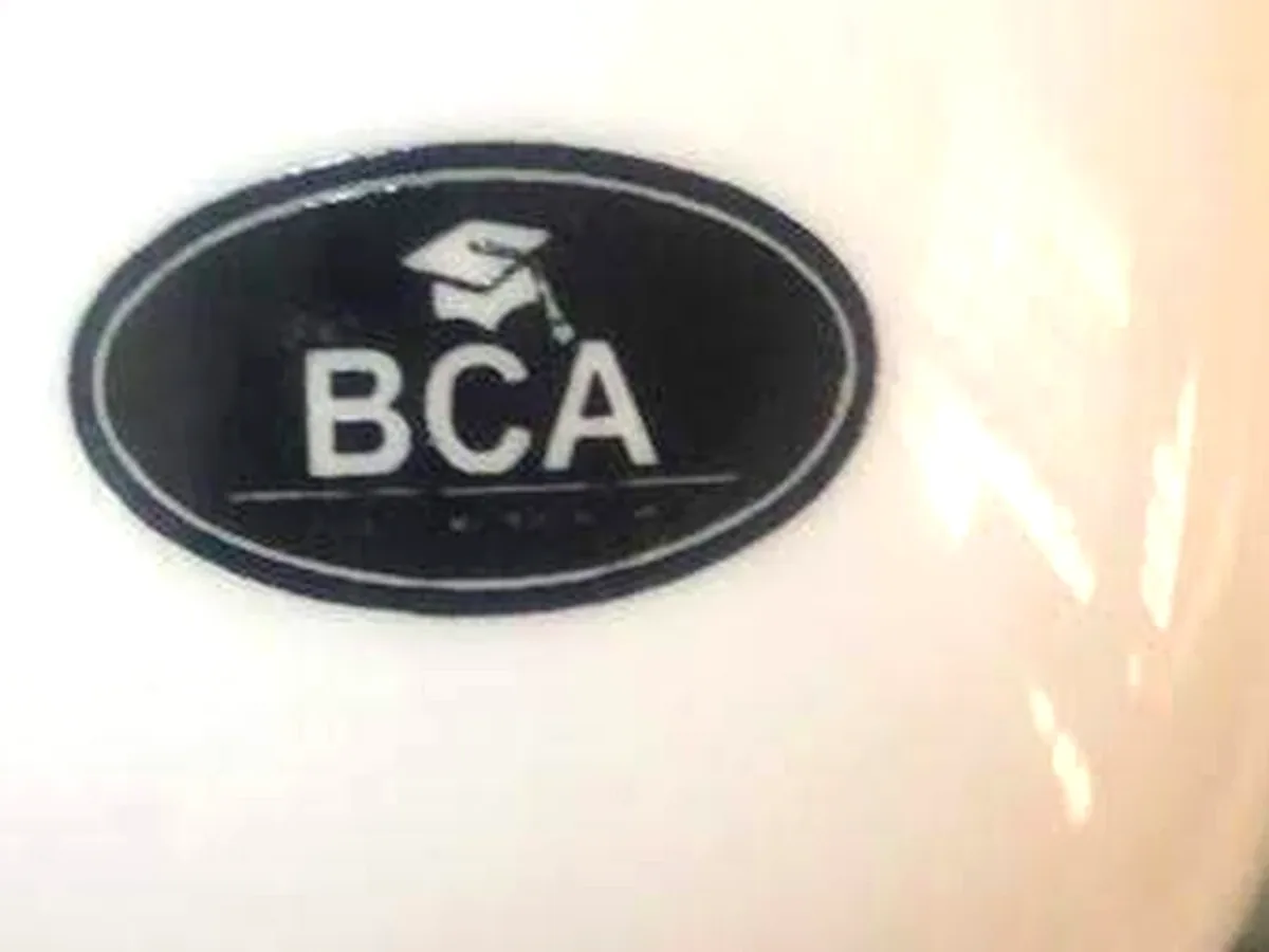 Close-up of the black oval BCA logo branded on a white ceramic tea cup