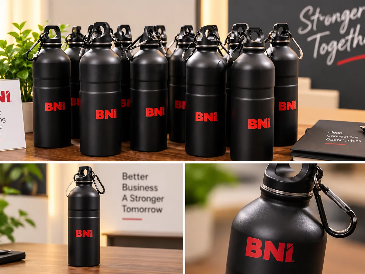 Close-up of the red BNI logo UV printed on a matte black bottle with carabiner cap