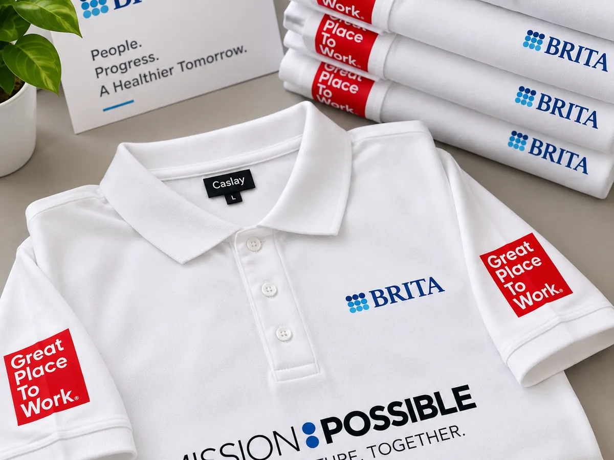 Stack of white BRITA branded cotton polo T-shirts with chest and sleeve prints