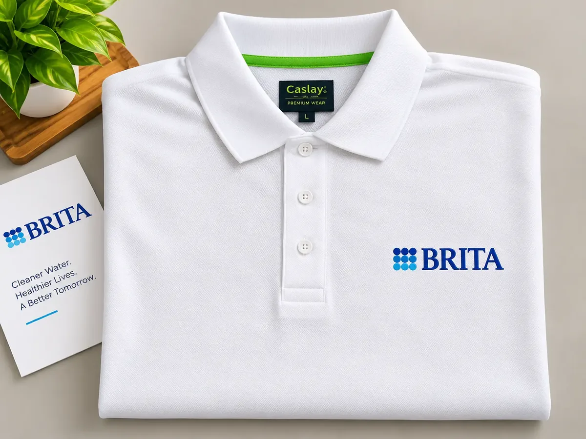 Close-up of the BRITA logo printed on the chest of a folded white polo T-shirt