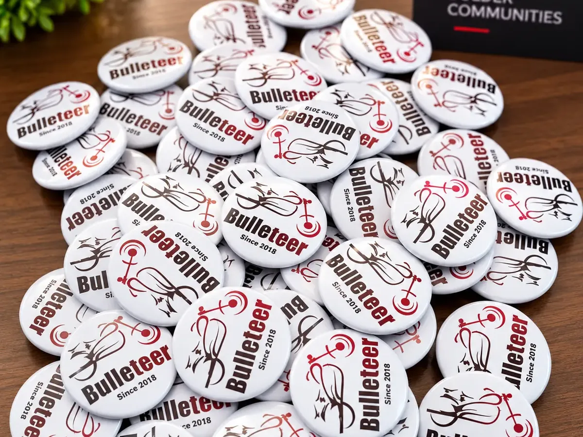 White round Bulleteer badges printed with the Bulleteer Since 2018 logo, produced in bulk