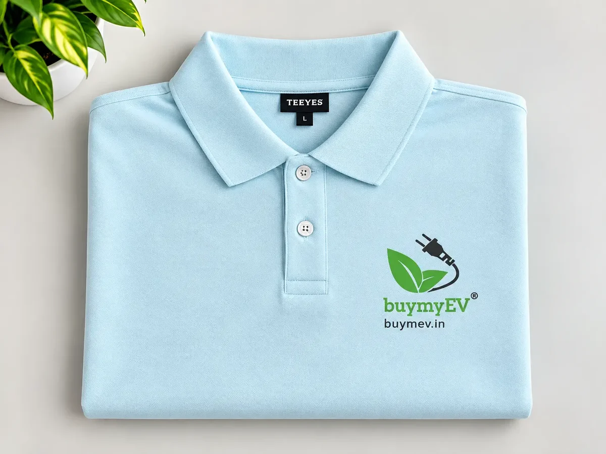 Buy My EV branded cotton polo T-shirt with the screen-printed Buy My EV logo on the chest