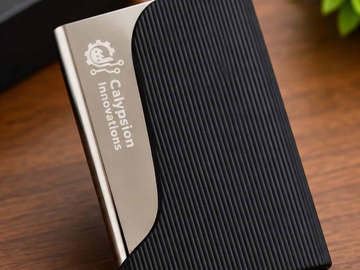 Close-up of the Calypsion Innovations logo branded on a black and steel card holder