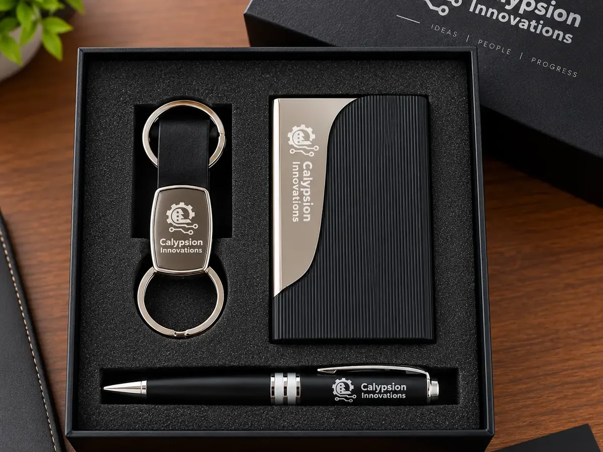Calypsion Innovations branded gift set with card holder, key chain and pen presented in a black box