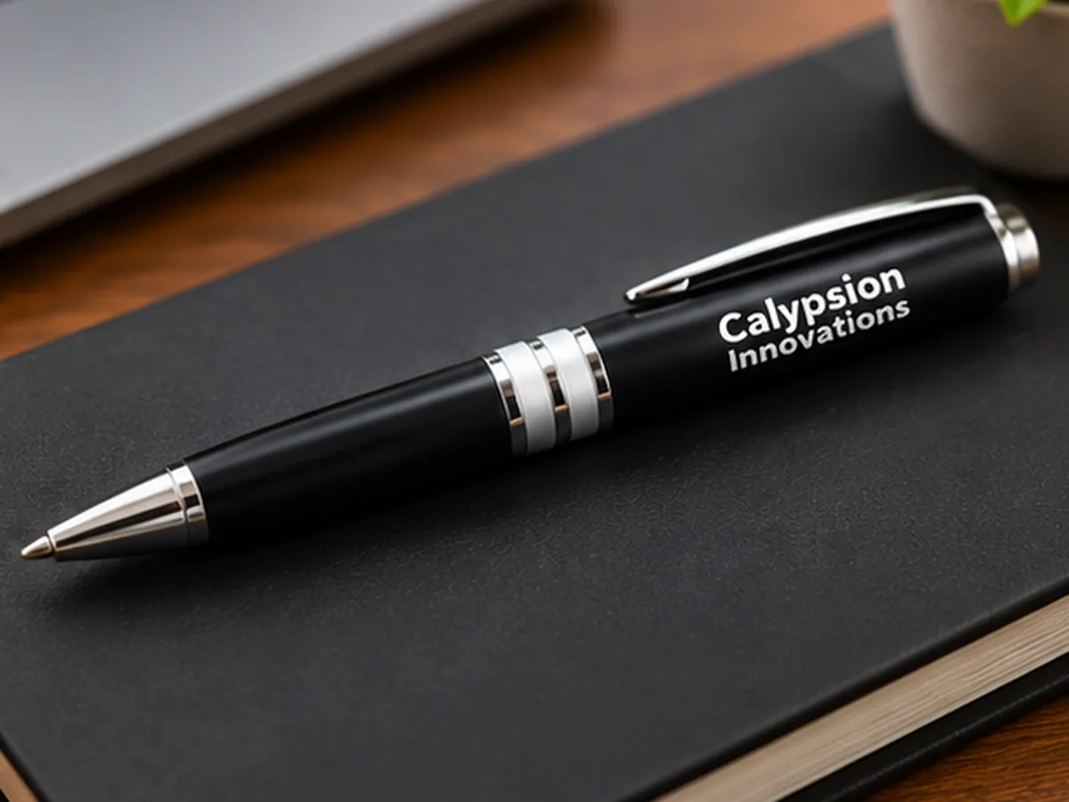 Close-up of the Calypsion Innovations logo branded on a black metal pen