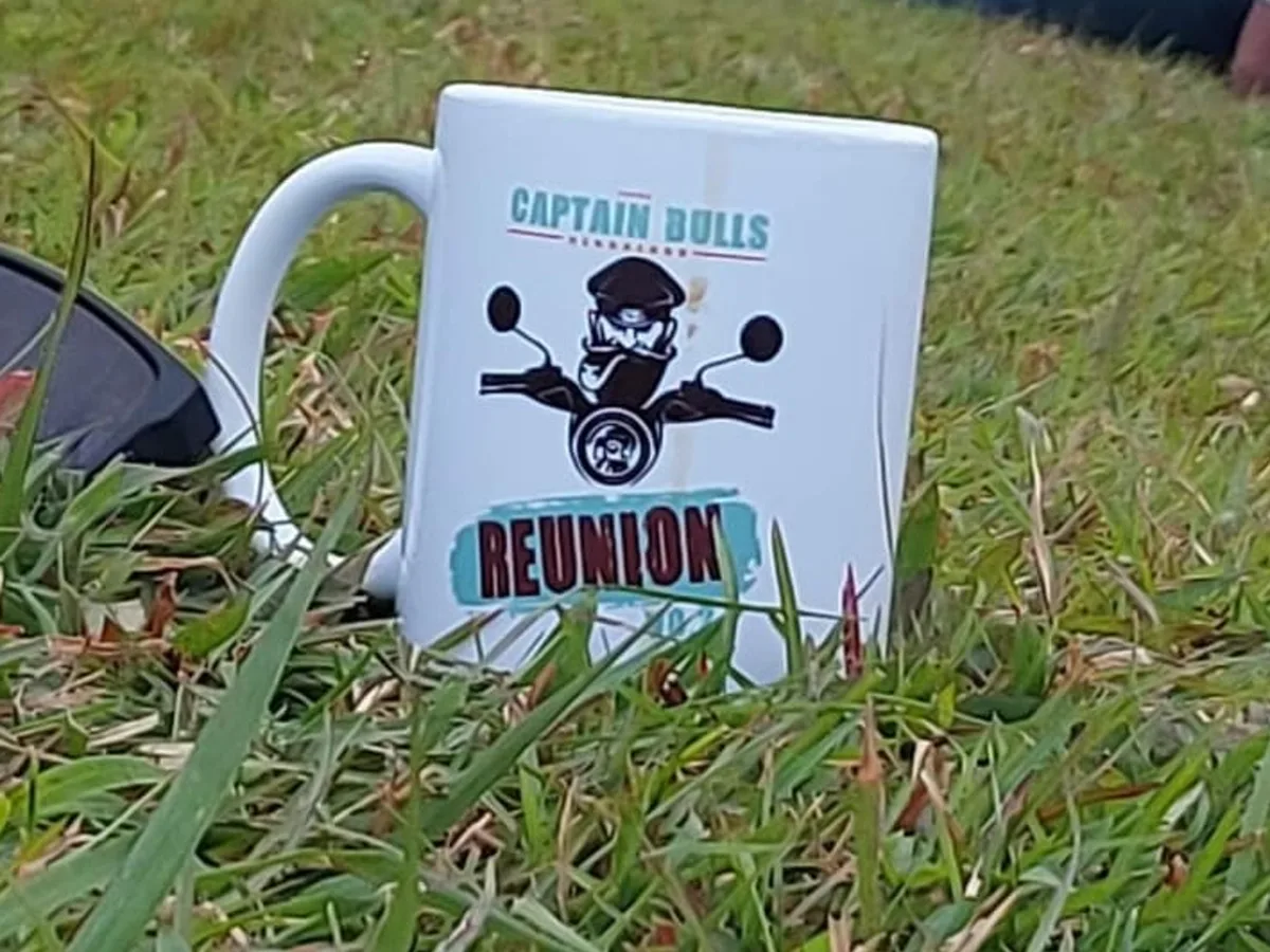White ceramic mug with the digitally printed Captain Bulls Reunion artwork