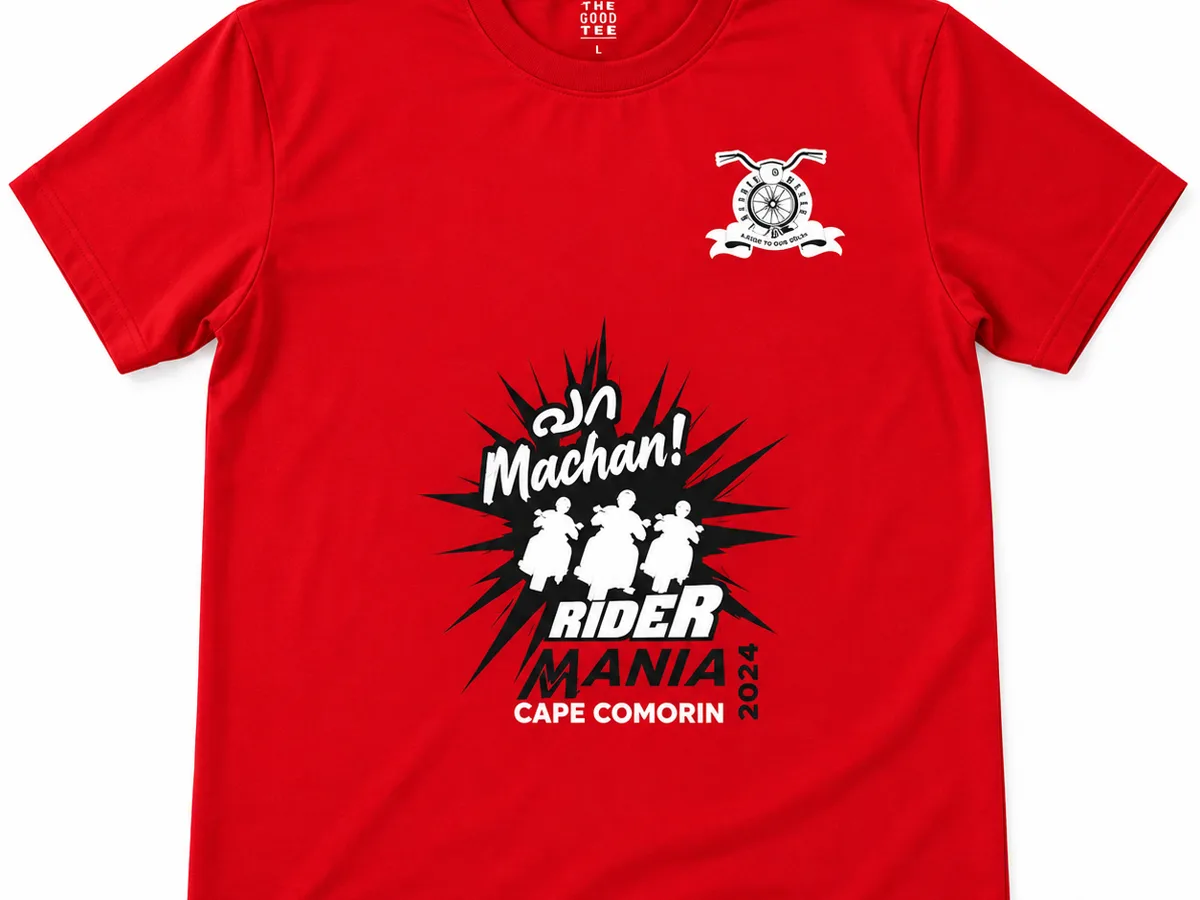 Red T-shirt with DTF-printed Captain Bulls chest logo and Rider Mania Cape Comorin artwork