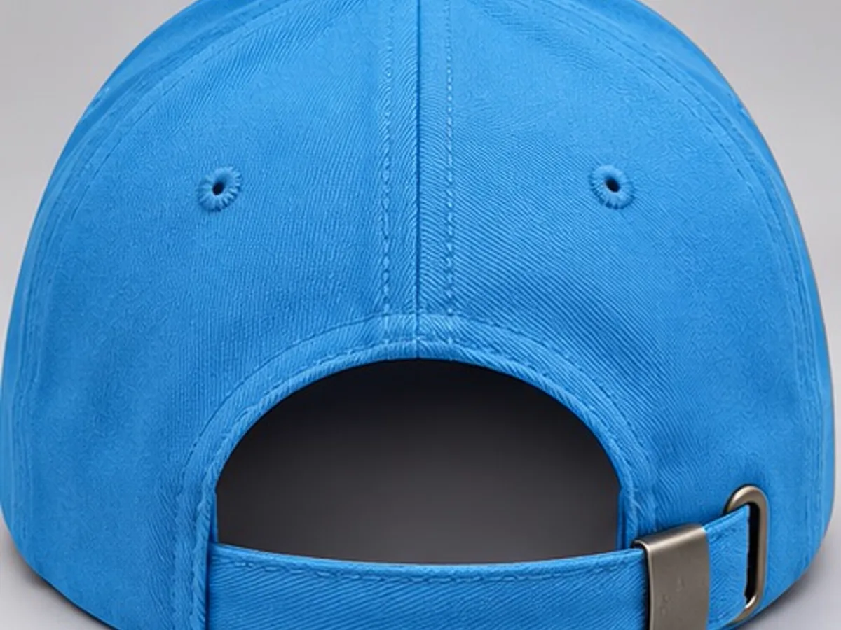 Back of the sky blue Christ School cap with its adjustable metal strap