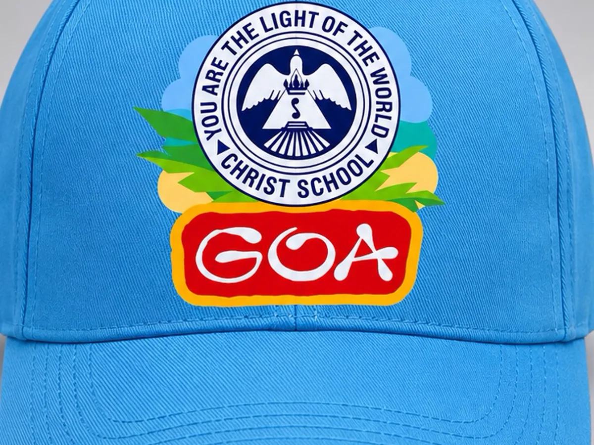 Sky blue Christ School cap with the school crest and GOA artwork printed on the front panel