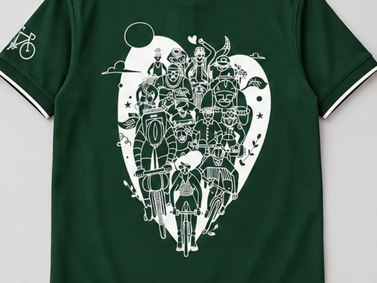 Back of the Climate Change Fighter polo T-shirt with a large white screen-printed cyclist artwork