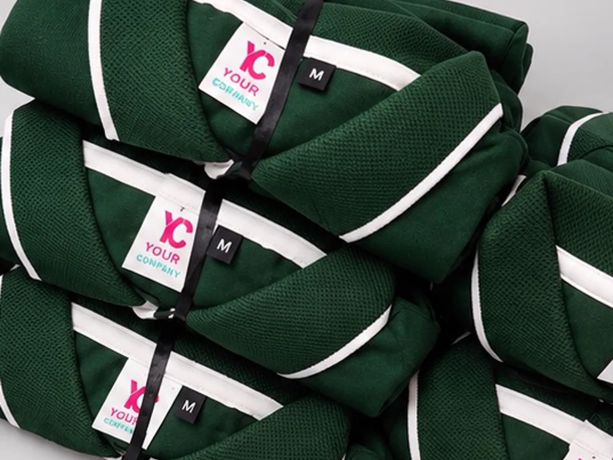 Folded and banded dark green Climate Change Fighter polo T-shirts stacked for a bulk order