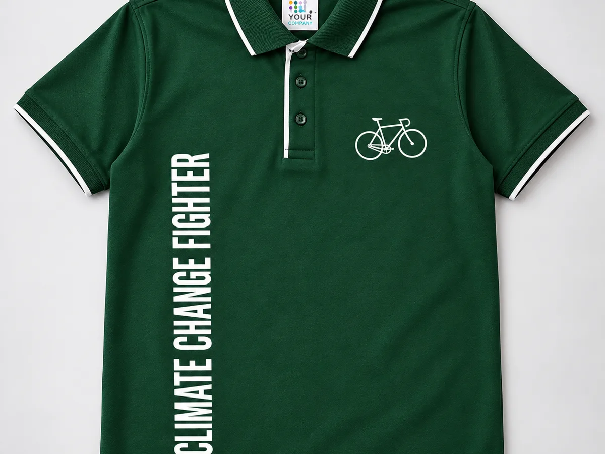 Dark green cotton polo T-shirt with white screen-printed Climate Change Fighter text and a bicycle graphic