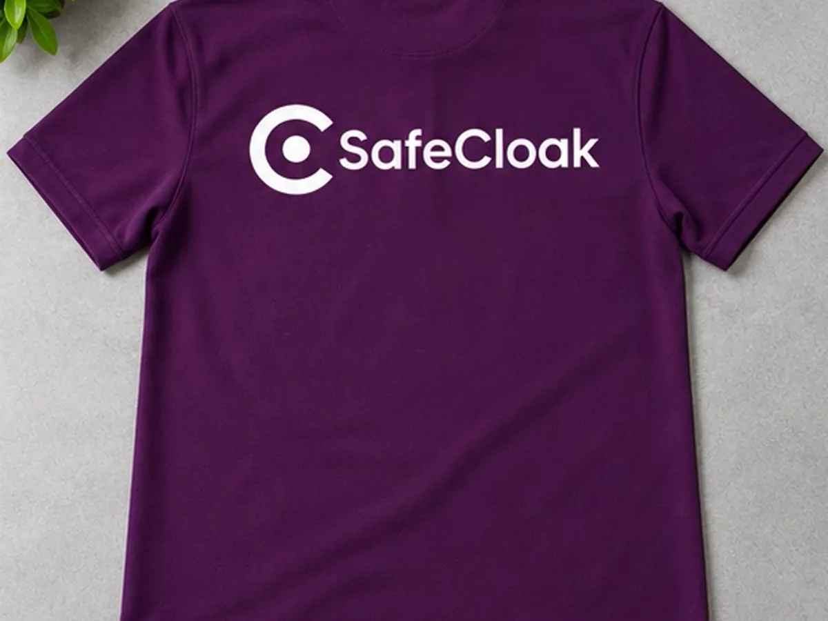 Back of the purple polo T-shirt with the large white SafeCloak logo screen-printed across the shoulders