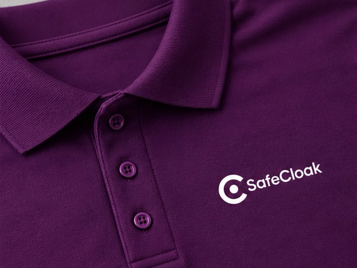 Close-up of the SafeCloak chest print and collar on the purple cotton polo T-shirt