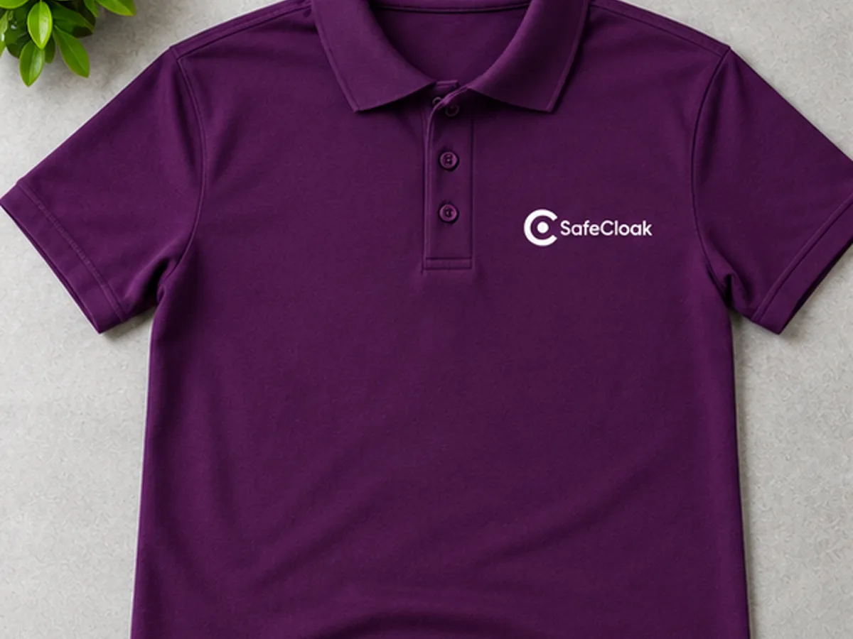 Deep purple cotton polo T-shirt with the white SafeCloak logo screen-printed on the chest