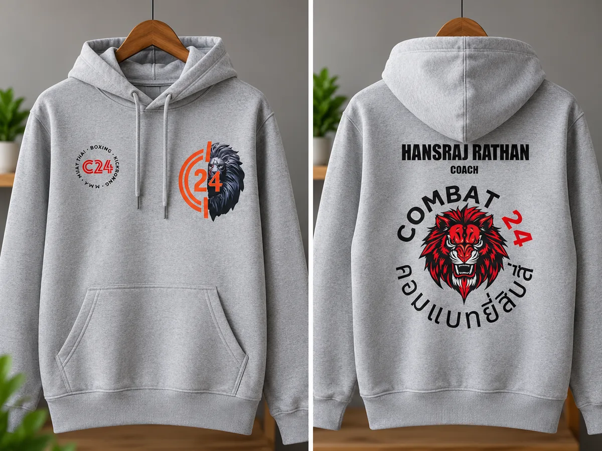 Front and back of a grey Combat 24 hoodie with DTF-printed C24 chest logos and a large lion crest on the back