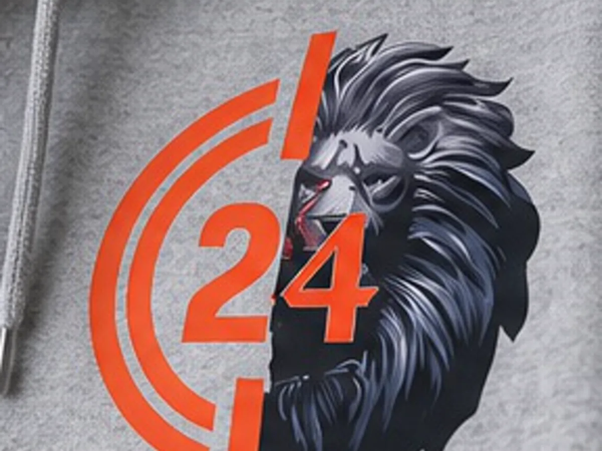Close-up of the orange and black Combat 24 lion artwork printed on the grey hoodie chest