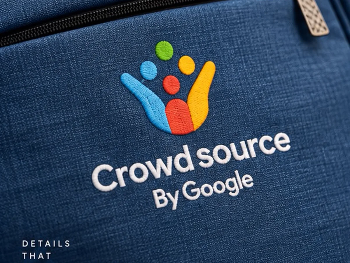 Close-up of the multi-colour Crowdsource by Google logo embroidery stitched on the backpack fabric