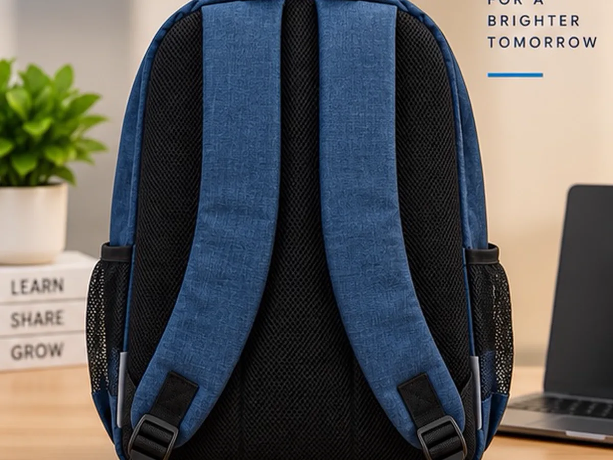 Back panel and padded straps of the navy Crowdsource by Google backpack