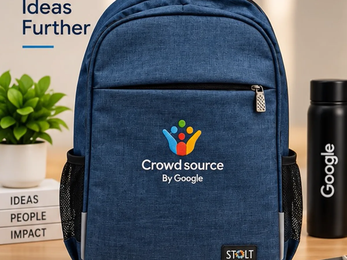 Navy blue backpack with the Crowdsource by Google logo embroidered on the front pocket