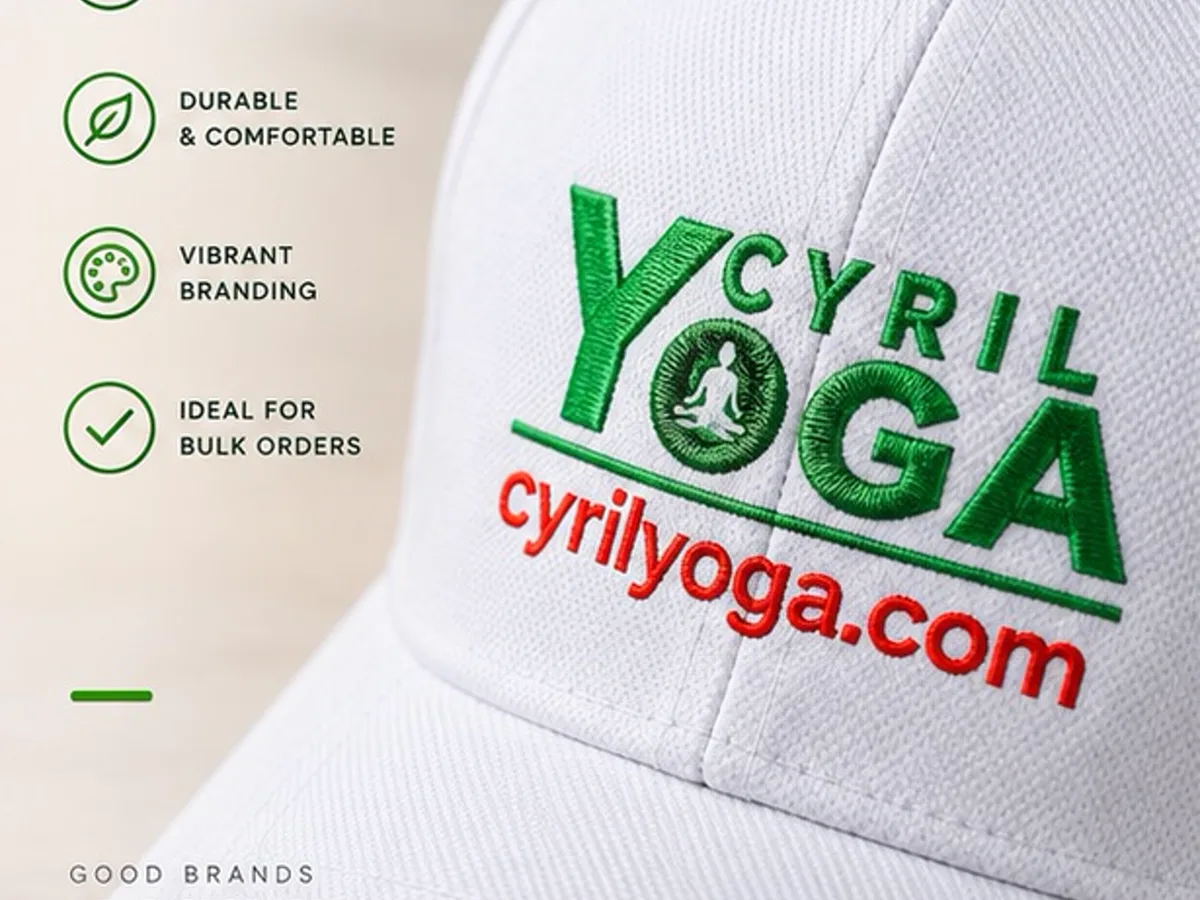 Close-up of the Cyril Yoga logo branding on the front panel of the white cap