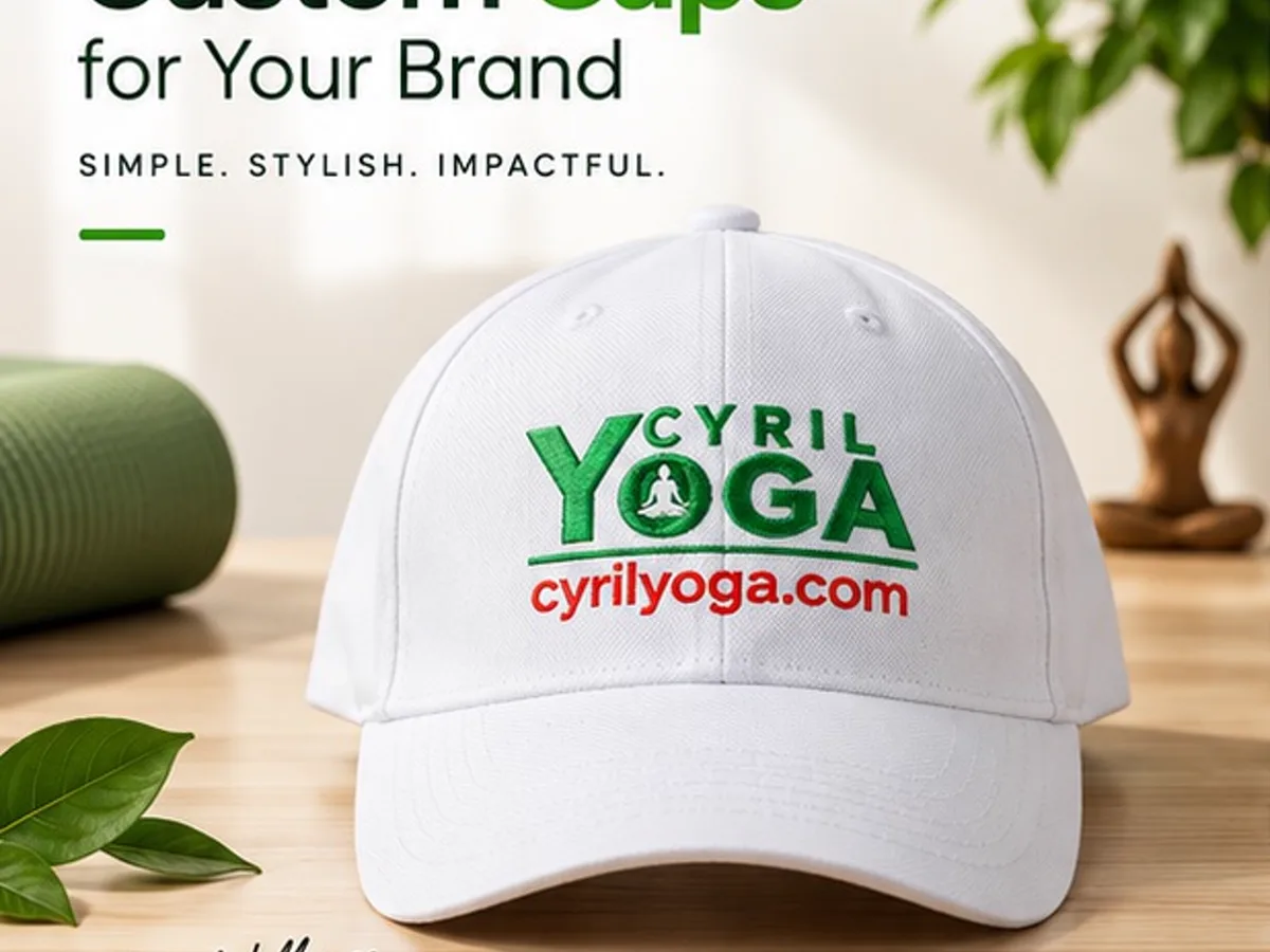 White cap branded with the green and red Cyril Yoga logo