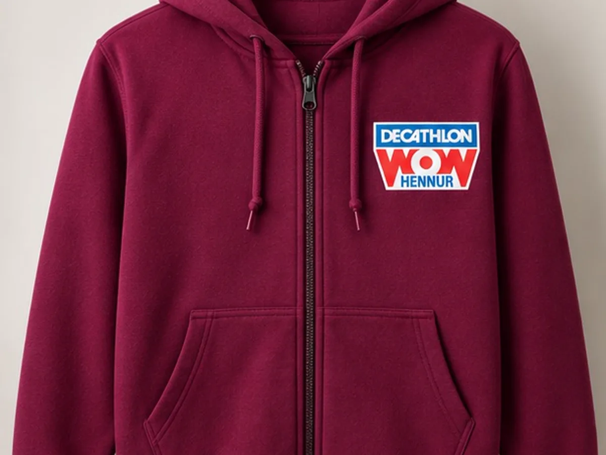 Maroon zip hoodie with the DTF-printed Decathlon WOW Hennur logo on the chest