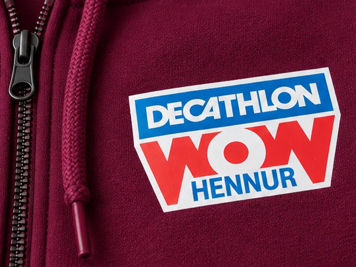 Close-up of the Decathlon WOW Hennur DTF print on the maroon hoodie