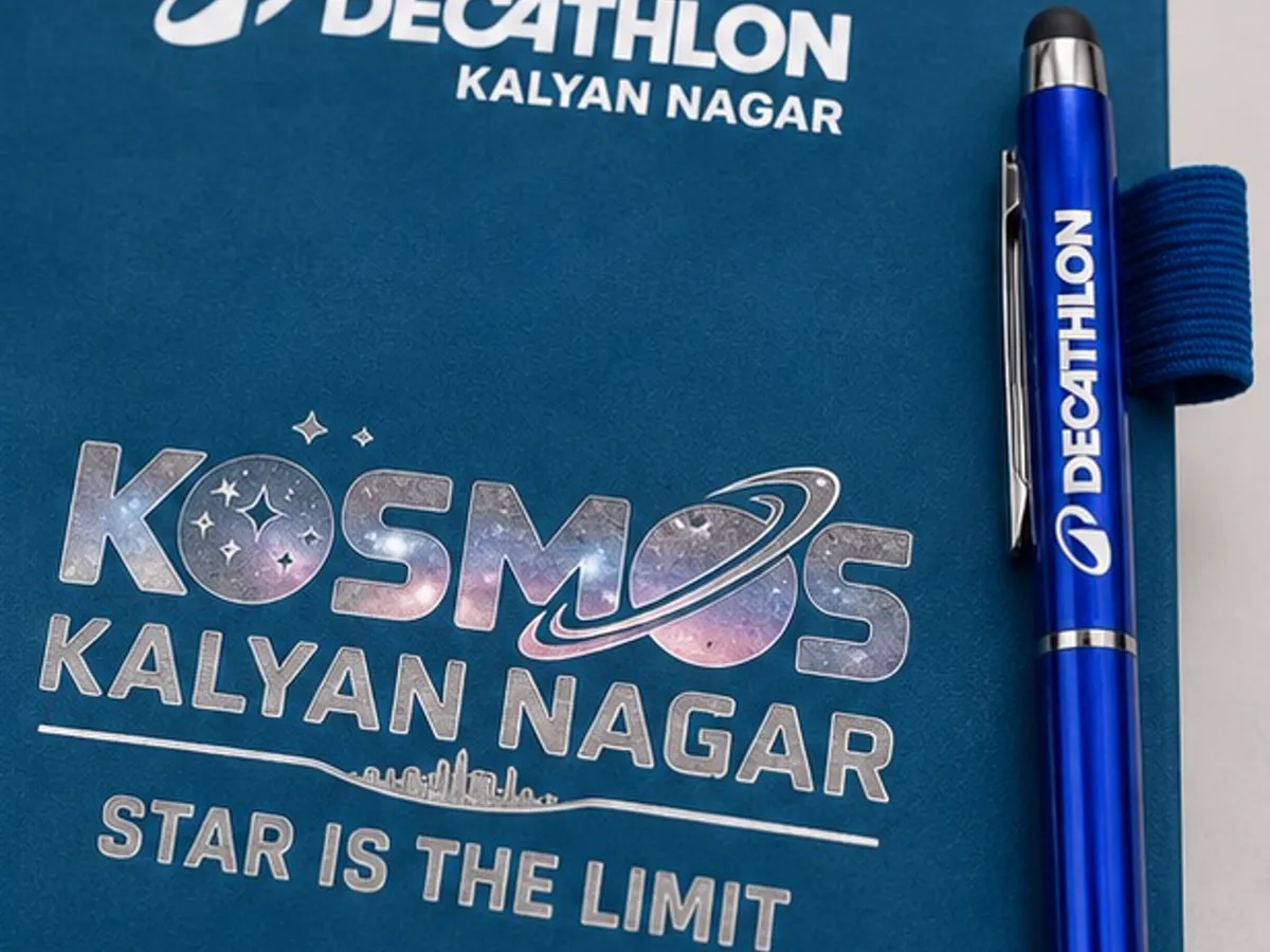 Close-up of the printed branding on the Decathlon Kalyan Nagar diary cover