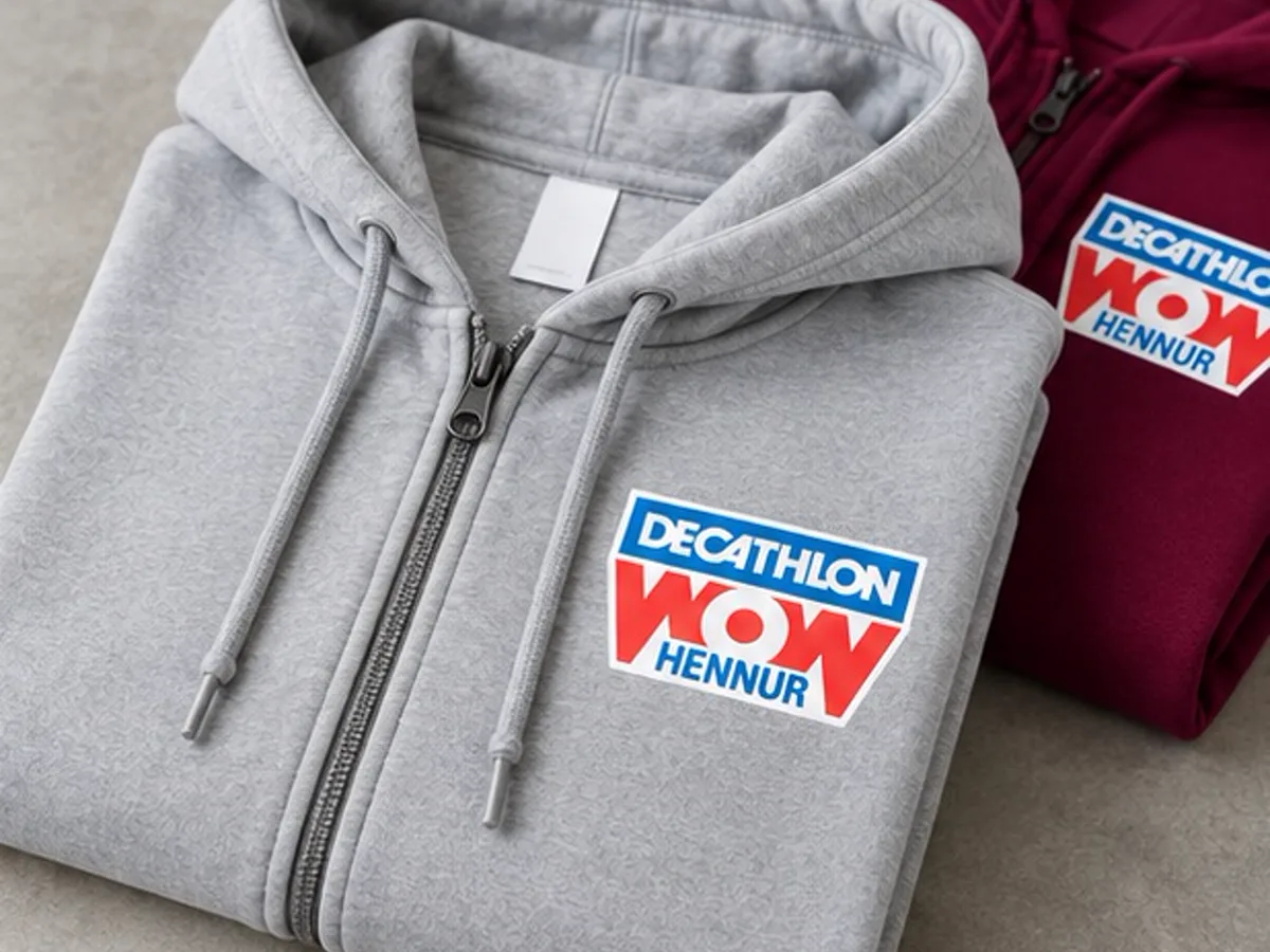 Folded grey and maroon Decathlon WOW Hennur printed zip hoodies