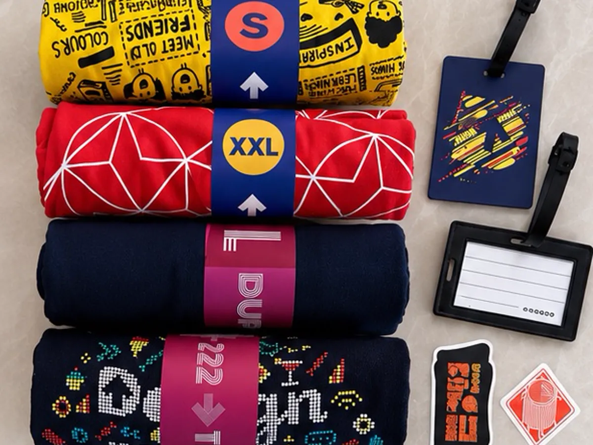 Design Up branded merchandise kit with rolled printed T-shirts, luggage tags and stickers
