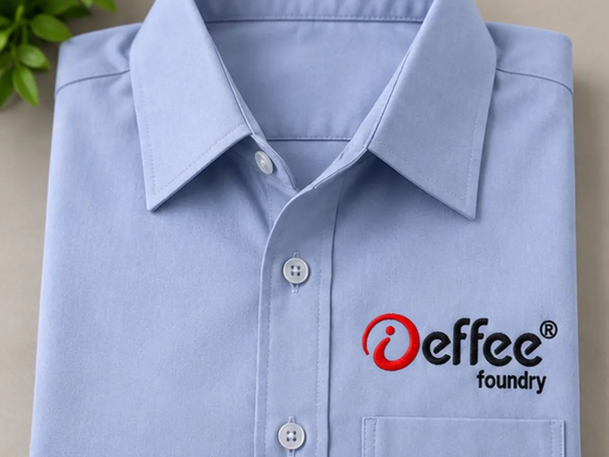Light blue corporate shirt with the Effee Foundry logo embroidered on the chest