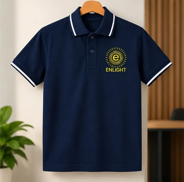 Navy blue Enlight cotton polo T-shirt on a hanger showing the front-only chest print