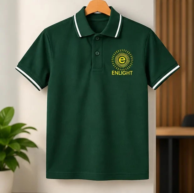 Green Enlight cotton polo T-shirt on a hanger showing the front-only chest print