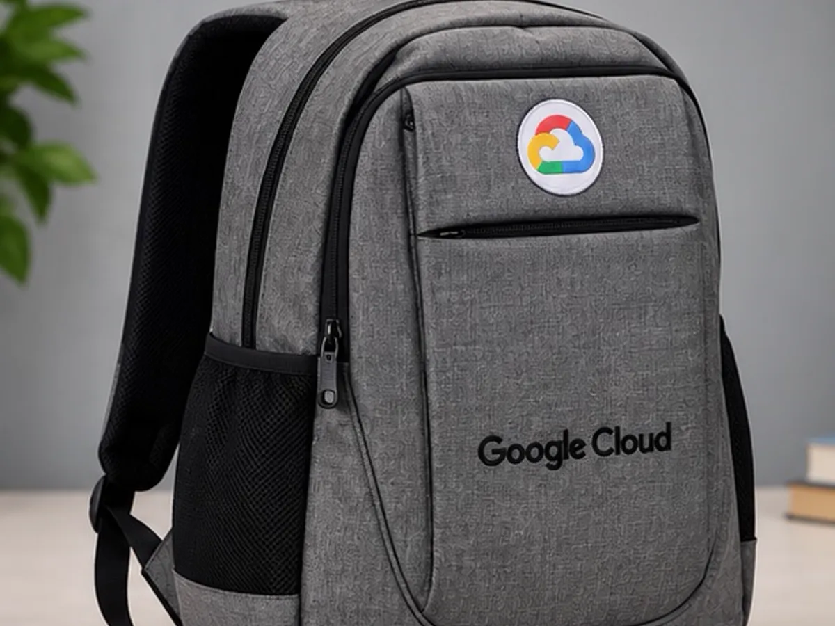 Angled view of the grey Google Cloud embroidered backpack