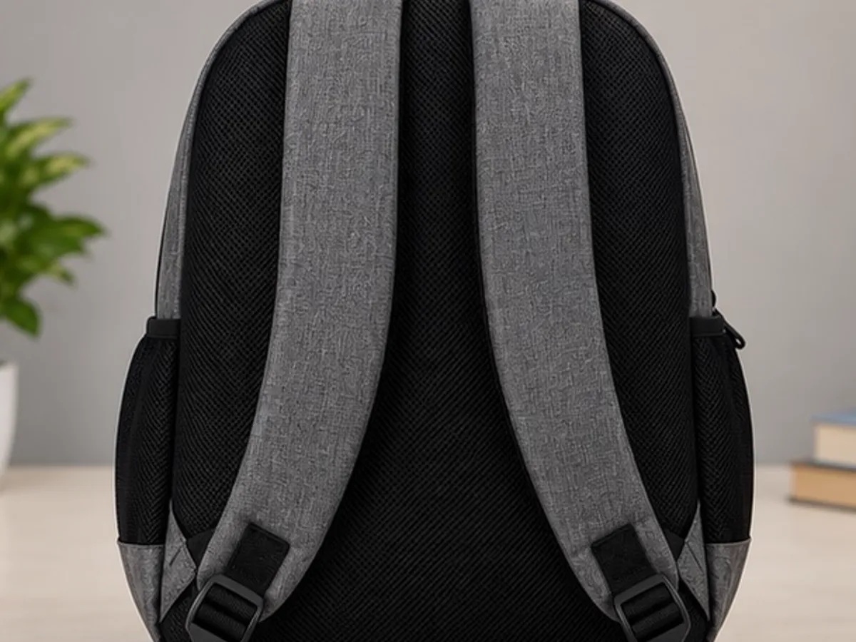 Back panel and padded straps of the grey Google Cloud backpack