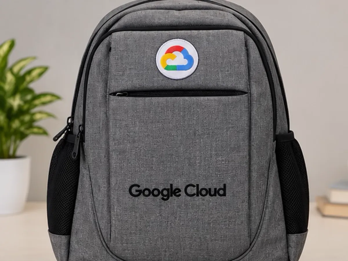 Grey backpack with the Google Cloud logo embroidered on the front pocket