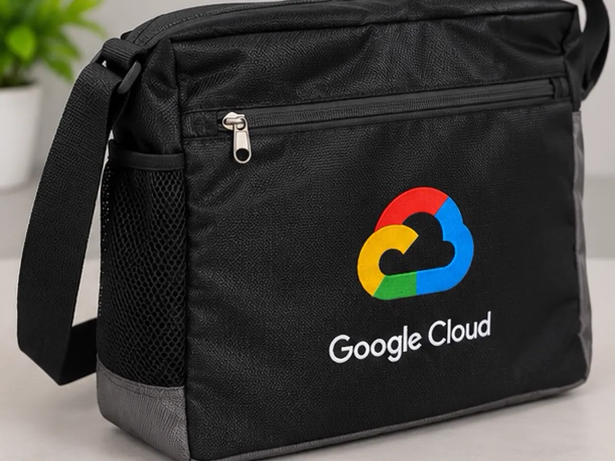 Angled view of the black Google Cloud embroidered sling bag