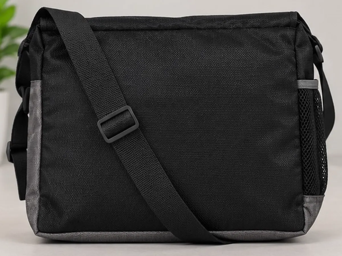 Back panel and adjustable shoulder strap of the black Google Cloud sling bag