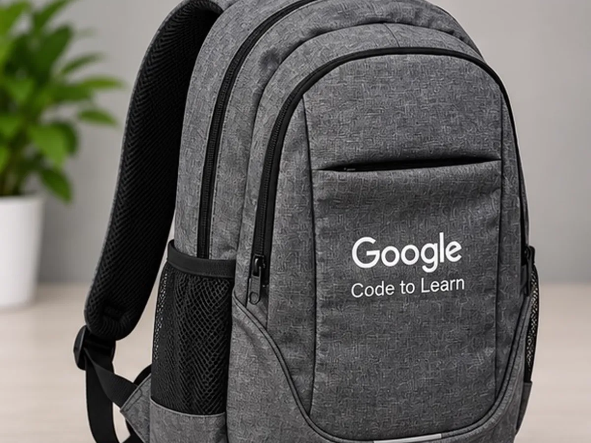 Angled view of the grey Google Code to Learn backpack