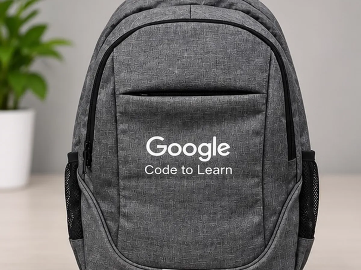 Grey backpack printed with the Google Code to Learn logo
