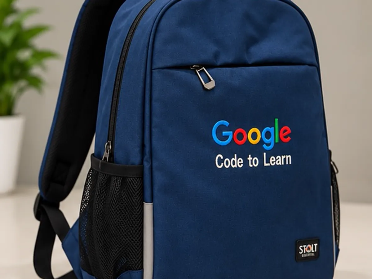 Angled view of the navy Google Code to Learn backpack