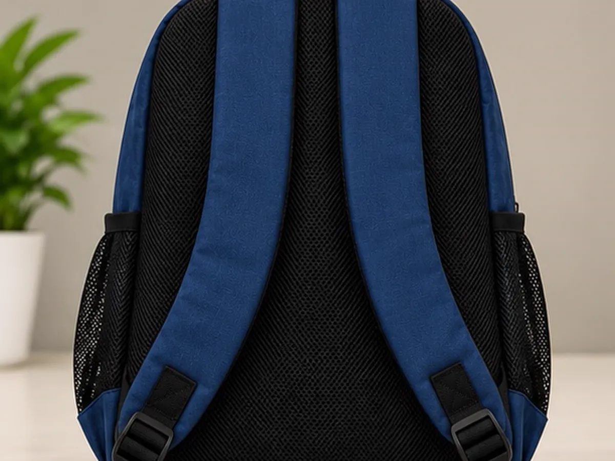 Back panel and padded straps of the navy Google Code to Learn backpack