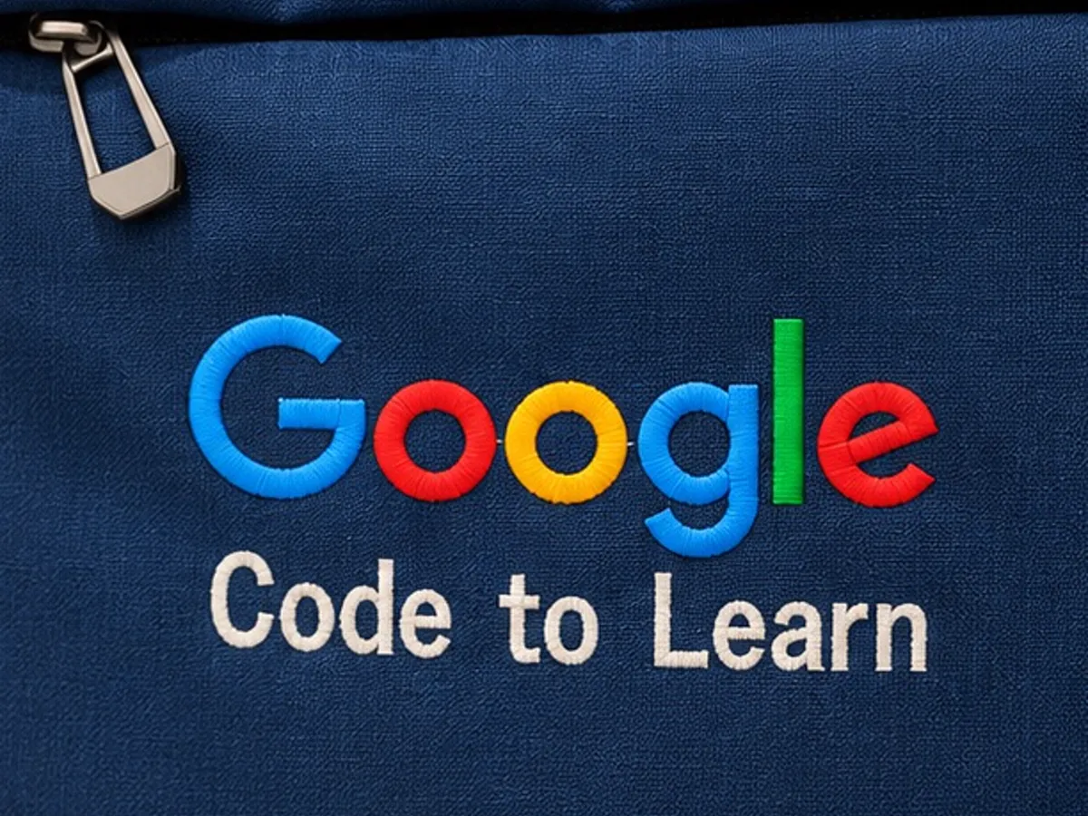 Close-up of the Google Code to Learn logo on the navy backpack