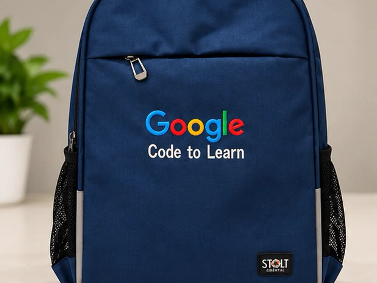 Navy blue backpack printed with the Google Code to Learn logo